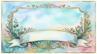 Watercolor floral frame with gold ornate border and ribbon banner on pastel background, isolated for greeting cards and invitations.