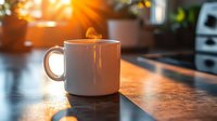 Steaming coffee mug on wooden counter at sunrise, warm sunlight streaming through window creates cozy morning atmosphere with golden lens flare effect.