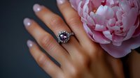 Elegant engagement ring with diamond halo setting on woman's hand next to blooming pink peony flower, luxury jewelry and wedding celebration concept.