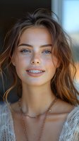 Young Caucasian woman with blue eyes, freckles and dental braces smiling naturally. Messy brown hair frames her face. Wearing knit sweater and delicate necklace. Soft lighting creates warm mood.