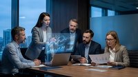 Professional business team analyzing financial data and charts during corporate meeting in modern office conference room.