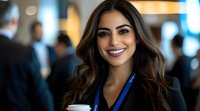Young Middle Eastern businesswoman with long dark wavy hair and bright smile holding coffee cup at corporate conference, wearing blue lanyard name tag. Professional networking event.