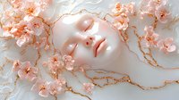 Serene white sculpture surrounded by delicate pink cherry blossoms and golden branches creates dreamy artistic composition for wall decor and interior design.