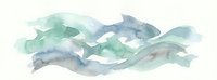 Abstract watercolor waves in soft blue and green tones flowing horizontally across white background. Gentle brushstrokes create organic movement for spa, wellness designs.