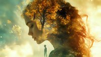 Double exposure portrait combining female profile with autumn tree silhouette and small standing figure against dreamy golden sky background.
