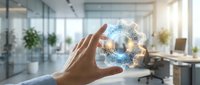 Hand holding futuristic holographic gear interface in modern office workspace showcasing digital transformation and innovative technology solutions.