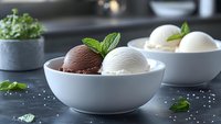 Scoops of chocolate and vanilla ice cream in white bowl garnished with fresh mint leaves on dark kitchen counter for dessert and culinary concepts.