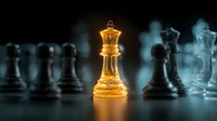 Golden chess queen piece illuminated against dark background with blurred pawns and other pieces, symbolizing leadership and strategic advantage.