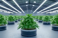 Green leafy plants growing in modern hydroponic facility with LED lighting. Industrial indoor farming technology for sustainable agriculture production.