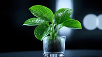 Vibrant green hosta plant with textured leaves in crystal glass pot against dark background with bokeh lights, minimalist home decor composition.