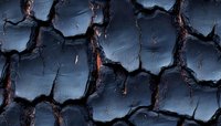Dramatic close-up of dark cracked and peeling paint texture showing deep fissures and weathered surface with metallic blue undertones. Natural aging pattern.