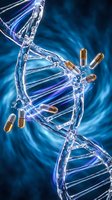 DNA double helix structure with medical capsules on blue background representing genetic medicine and pharmaceutical research breakthroughs.