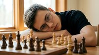 Young woman chess player with glasses resting head on hand while contemplating strategic move during indoor game session for mental challenge and competition.