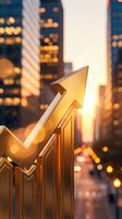 Golden arrow pointing upward on financial growth chart against blurred city skyline at sunset representing business success and economic prosperity.