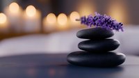 Balanced black spa stones with fresh lavender flower on top against soft bokeh background, creating peaceful zen atmosphere for wellness and relaxation themes.