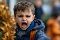 Angry young Caucasian boy with brown hair screaming and pointing finger forward in blue jacket outdoors expressing frustration and childhood emotions.
