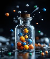 Colorful candy balls in glass bottle with cork stopper against dark background with floating spheres creating cosmic atmosphere.