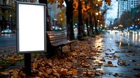 Blank illuminated advertising billboard mockup on rainy autumn street with fallen leaves, wooden bench and city lights in evening atmosphere.