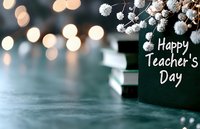 Festive Teacher's Day greeting card with white baby's breath flowers and bokeh lights on teal background.