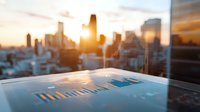 Financial data analysis on digital tablet with urban skyline at sunset, business district skyscrapers visible through office window.