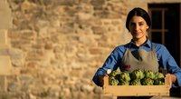 Young South Asian male farmer or agricultural worker wearing blue shirt and tan apron, holding wooden crate of fresh green vegetables and produce outdoors against rustic stone wall background.