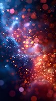 Magical glowing bokeh lights in blue and orange colors create dreamy abstract background with blurred circles and sparkles floating in dark space.