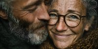 Happy senior couple embracing and smiling warmly, showing love and affection in golden hour lighting with cozy winter clothing and glasses.