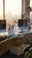 Glowing holographic human figure levitating above open palms with blue energy waves, representing digital wellness, healthcare innovation, and futuristic medical technology for wellness applications.