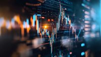 Digital stock market data visualization with glowing candlestick charts and financial graphs on dark background for investment analysis and trading strategies.