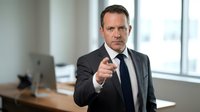 Serious middle-aged Caucasian businessman in dark suit pointing finger at camera in modern office environment for corporate communication concepts.