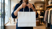 Middle-aged man with light skin tone wearing dark blue shirt holding blank white shopping bag in retail store environment for commerce and consumer lifestyle content.