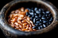 Red and black beans in rustic wooden bowl with shallow depth of field, macro food photography highlighting natural textures and colors of legumes.