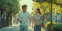 Young Asian couple jogging together in park during golden sunset hour, sharing healthy lifestyle and romantic moment while exercising outdoors.