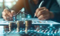 Stacked coins with rising financial graph overlay while person analyzes investment data on digital tablet, representing growth and business success in finance.