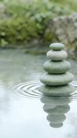Zen stones balanced in calm water with ripples creating peaceful meditation scene for wellness and mindfulness concepts.