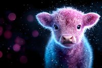 Magical glowing baby lamb with pink fur and blue aura against dark starry background, fantasy art style with bokeh lights and sparkle effects.