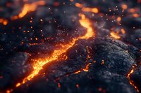 Glowing hot lava flow with molten rock and flying sparks creates dramatic natural pattern against dark volcanic surface, macro view of active magma movement.