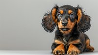 Adorable long-haired dachshund puppy with black and tan coat lying down on gray background, looking up with expressive blue eyes and floppy ears.