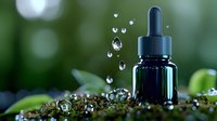 Droplets of essential oil falling from dropper bottle against blurred green nature background with water drops and bokeh effects creating spa atmosphere.