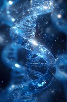 Glowing DNA helix structure made of water and light particles floating in dark blue space, with sparkling effects and bokeh creating scientific atmosphere.