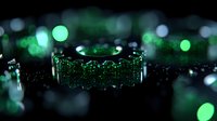 Glowing green circuit board macro with bokeh lights and electronic components, shallow depth of field creates futuristic technology atmosphere.