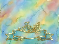 Ornate golden banner with decorative flourishes on soft watercolor background in pastel rainbow hues. Suitable for invitations, greeting cards, and design projects.