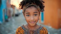 Young African American girl with curly hair and headband smiling warmly at camera in colorful urban street setting for lifestyle photography.