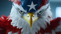 Majestic bald eagle head with American flag pattern painted on feathers, fierce yellow eyes and sharp beak in dramatic close-up view against dark background.