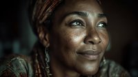 African woman with traditional headwrap smiling warmly in natural lighting. Portrait showcasing cultural heritage and authentic expression for lifestyle content.