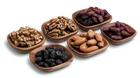 Assorted dried fruits and nuts in wooden bowls on white background. Collection of healthy snacks including almonds, walnuts, dates and raisins arranged in rustic serving dishes.