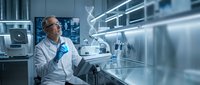 Middle-aged Caucasian male scientist in white lab coat working with DNA helix hologram in modern laboratory for genetic research and biotechnology applications.