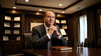 Professional middle-aged Caucasian businessman in dark suit sitting at executive desk in luxury office with built-in shelving and warm lighting.