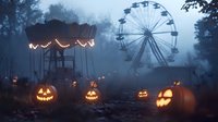 Abandoned amusement park in foggy twilight with glowing jack-o-lanterns and eerie carnival rides creating spooky Halloween atmosphere.