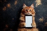 Adorable orange tabby kitten holding blank white card or tablet against dark sparkly background for holiday greeting cards and festive marketing materials.